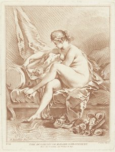 Nackte Frau, die auf einem Bett mit Blumen sitzt von Gilles Demarteau