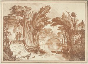 Südliche Landschaft mit Häusern am Fluss