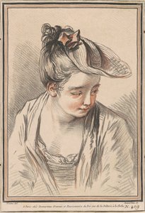 Kopf einer jungen Frau mit Hut von Gilles Demarteau the Elder after Antoine Watteau