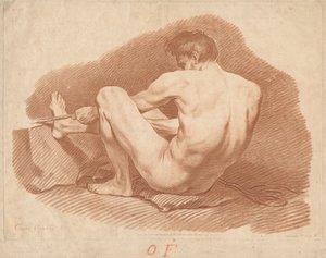 Sitzender nackter Mann, von hinten gesehen, der ein Seil zieht von Gilles Demarteau, the Elder after Carle Van Loo