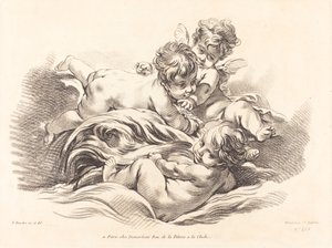 Drei Cherubim spielen auf einer delfinartigen Welle