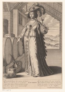 Dame mit Weinglas bei Weinfässern, mit Blick auf Weinplantage (Herbst) von Gilles Rousselet