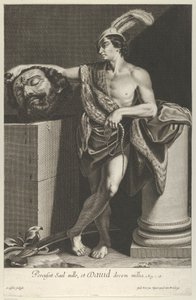 David steht mit gekreuzten Beinen und hält den Kopf von Goliath auf einem Sockel von Gilles Rousselet