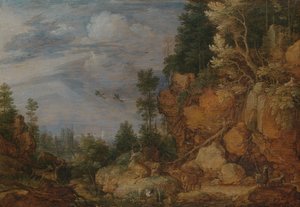 Felsige Landschaft mit Hirschen und Ziegen