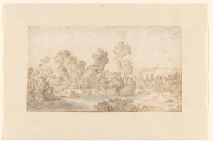 Hügelige Landschaft mit hohen Bäumen entlang eines Flusses
