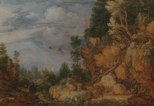Felsige Landschaft mit Hirschen und Ziegen