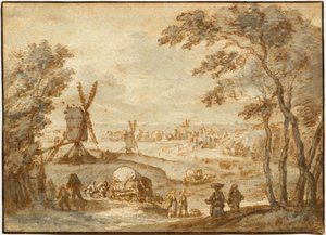 Landschaft mit Windmühlen vor einer Stadt, mit Spaziergängern und bedecktem Wagen im Vordergrund von Gillis Neyts