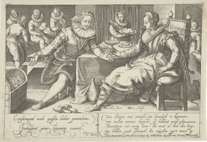 Verschwendung in der Ehe (Elegantes Paar an einem Tisch in einem Raum) von Gillis van Breen