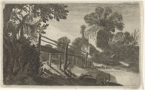 Holzbrücke bei einer Ruine (Sechs Landschaften) von Gillis van Scheyndel (I)