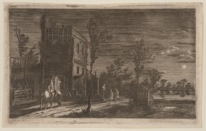 Figuren bei einem verfallenen Turm: Mondschein-Nocturne, aus Sechs Landschaften von Gillis van Scheyndel