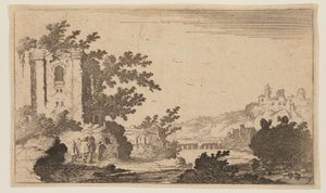 Ruinen links von einem Fluss in hügeliger Landschaft, aus Zwölf Landschaften von Gillis van Scheyndel