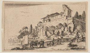 Villa mit Ruinen auf einem Hügel rechts des Flusses, aus Zwölf Landschaften