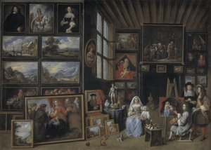 Eine Gemäldegalerie mit einem Künstler, der eine Frau und ein Mädchen malt. Allegorie der Malerei von Gillis van Tilborgh