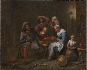 Ein Innenraum mit Handwerkern und Bauern beim Essen und Trinken