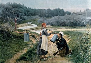 Ein Jäger trinkt von einer jungen Frau, Russland, um 1890 von Gillot