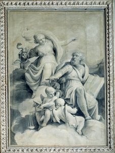 Gerechtigkeit belohnt Tugend und zeigt das Haus der Tugend, Allegorie