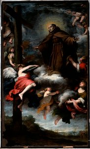 Darstellung von Saint Louis von Anjou, der das Kreuz verehrt von Gio Bernardo Carbone