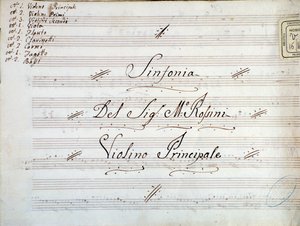 Detail der ersten Seite der Violinenpartitur für eine Symphonie von Gioacchino Rossini