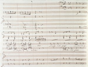Seite der Partitur von Le Comte Ory mit handschriftlichen Korrekturen von Gioacchino Rossini