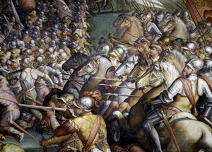 Schlacht von Scannagallo in Valdichiana (Val di Chiana). Detail. Fresko von Giorgio Vasari und seinem Atelier (1511-1574). Palazzo Vecchio (Salone dei Cinquecento)