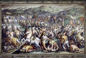 Schlacht von Scannagallo in Valdichiana (Val di Chiana). Fresko von Giorgio Vasari und seinem Atelier (1511-1574). Palazzo Vecchio (Salone dei Cinquecento) von Giorgio (and workshop) Vasari