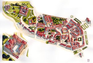 Luftaufnahme der Stadt Guimaraes: links das Schloss und das Kloster, erbaut im 11. Jahrhundert. Portugal. Illustration von Giorgio Albertini von Giorgio Albertini
