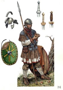 Antikes Rom: Soldat der römischen Infanterie, 5. oder 6. Jahrhundert. von Giorgio Albertini