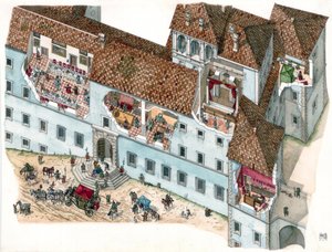 Barockkunst: Ansicht und architektonischer Schnitt des Palastes Chigi in Ariccia, Lazio, im 17. Jahrhundert. Das Innere der Familienräume und die Abhängigkeiten der Diener sind sichtbar. Italien von Giorgio Albertini