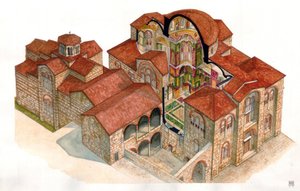 Byzantinische Kunst: Ansicht und architektonischer Schnitt des Klosters Hosios Loukas, erbaut im 11. Jahrhundert, Griechenland von Giorgio Albertini