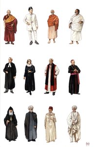 Kostüme und Kleider von Mitgliedern des Klerus verschiedener Religionen, buddhistischer Mönch, orthodox, Kardinal, protestantischer Pastor