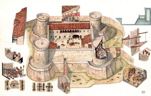 Detailansicht des aragonesischen Schlosses von Venosa, erbaut von Pirro del Balzo im Jahr 1470, nahe Potenza in Basilikata, Italien. Detailansichten zeigen Soldaten in Verteidigungsposition. von Giorgio Albertini