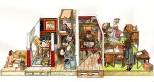Entwicklung der Schreibkunst, Büros und Schriften: von links nach rechts, ein Schreiber im alten Ägypten, die Antike, dann das mittelalterliche Skriptorium (Kopistenmönch), ein Entdecker-Navigator in seinem Büro, ein Büro im Stil von Louis XIV (17. Jahrhu von Giorgio Albertini