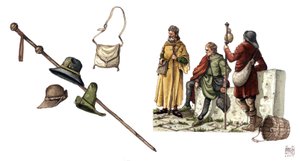 Mittelalterliche Mode: Pelerinenkostüm zwischen dem 12. und 14. Jahrhundert, Tasche, Hüte, Stock, Tuniken von Giorgio Albertini