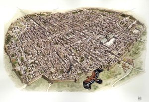 Mittelalter: Luftaufnahme von Damaskus, Syrien, als es Teil des Osmanischen Reiches war