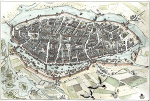 Mittelalter: Luftansicht der Stadt Lübeck in Deutschland mit Straßenkarte, die ihre geografische Lage auf einer Insel an der Mündung der Wakenitz und Trave zeigt. 15. Jahrhundert. Deutschland. Illustration von Giorgio Albertini.