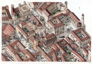 Mittelalter: Rekonstruktion des historischen Barri Gotic Viertels in Barcelona im 14. Jahrhundert. Die Kathedrale Sainte-Eulalie ist sichtbar. Spanien Illustration von Giorgio Albertini von Giorgio Albertini