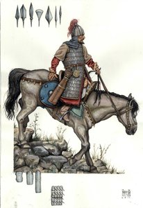 Mittelalter: Soldat der ungarischen schweren Kavallerie. 9. Jahrhundert von Giorgio Albertini