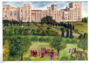 Mittelalter: Blick auf den Papstpalast in Avignon, als er Residenz der Päpste war. Im Garten spazieren Mitglieder der Kurie, um exotische Tiere zu bewundern (Kamel, Löwen) 14. Jahrhundert. von Giorgio Albertini