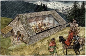 Rekonstruktion eines Krankenhauses (Hospiz oder Zuflucht) für Pilger in Moncenisio (Montcenis) in den Alpen, Italien
