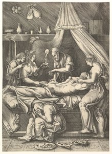 Eine Allegorie der Krankheit, Mann liegt ausgestreckt auf einem Bett, umgeben von Figuren