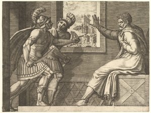 Caius Marius im Gefängnis, zwei kimbrianische Soldaten betreten seine Zelle, 1560-69