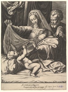 Madonna von Loreto, die Jungfrau hebt einen Schleier über das Kind, das auf einem Bett und Kissen liegt, 1575