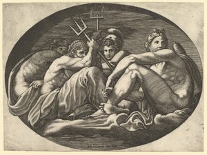 Pluto, Neptun, Minerva und Apollo, aus einer Serie von acht Kompositionen nach Francesco P..., 1560er Jahre von Giorgio Ghisi