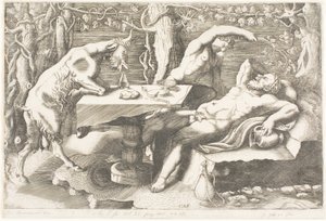 Satyr versucht Silenus mit einer Weinrebe zu wecken