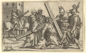 Die Jungfrau der Schmerzen: Christus trägt das Kreuz, eines von neun umliegenden Fächern..., vor 1575