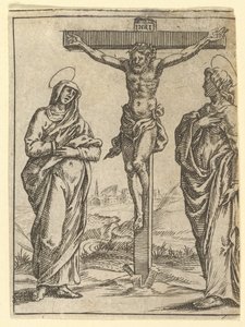 Die Jungfrau der Schmerzen: Die Kreuzigung, eines von neun umliegenden Feldern aus dem V..., vor 1575 von Giorgio Ghisi