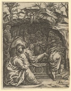 Die Jungfrau der Schmerzen: Die Grablegung, eines von neun umliegenden Fächern, vor 1575 von Giorgio Ghisi