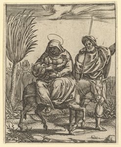 Die Jungfrau der Schmerzen: Die Flucht nach Ägypten, eines von neun umliegenden Fächern, vor 1575