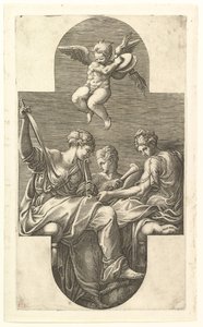 Drei Musen und ein Putto mit Zimbeln, eine kreuzförmige Komposition, aus einer Serie von acht..., 1560er