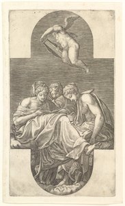 Drei Musen und ein Putto mit einer Lyra, eine kreuzförmige Komposition, aus einer Serie von acht Kompositionen von Giorgio Ghisi